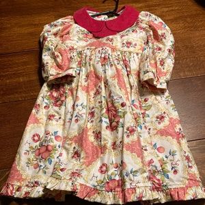 Long Sleeve Girls Cotton/Velvet Details Floral Pink and Cream Dress, Sz 4